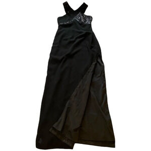 Aidan Mattox Black Maxi Dress Long Halter Sequins Side Slit Elegant Y2K Formal